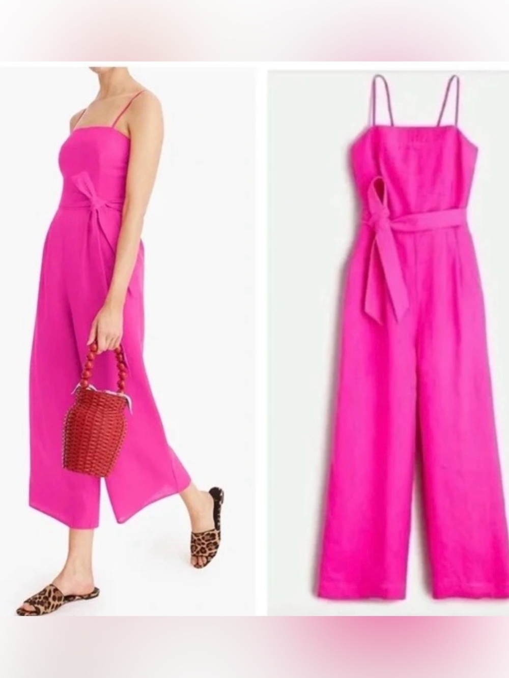 J. Crew Linen Vibrant Pink Wide-Leg Jumpsuit with Tie Waist